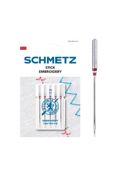 Schmetz Embroidery Needle, Size 75 / System 130 / 705 H-E, shown in a full front view of the packaging with the Euro-hole cutout highlighted