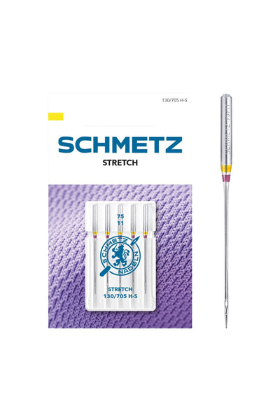 Schmetz Stretch-Nadel Stärke 75 / System 130 / 705 H-S in vollständiger Frontansicht der Verpackung mit freigestellter Euroloch-Aussparung