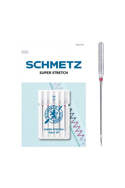 Schmetz Super Stretch-Nadel Stärke 75 / System HAx1 SP in vollständiger Frontansicht der Verpackung mit freigestellter Euroloch-Aussparung