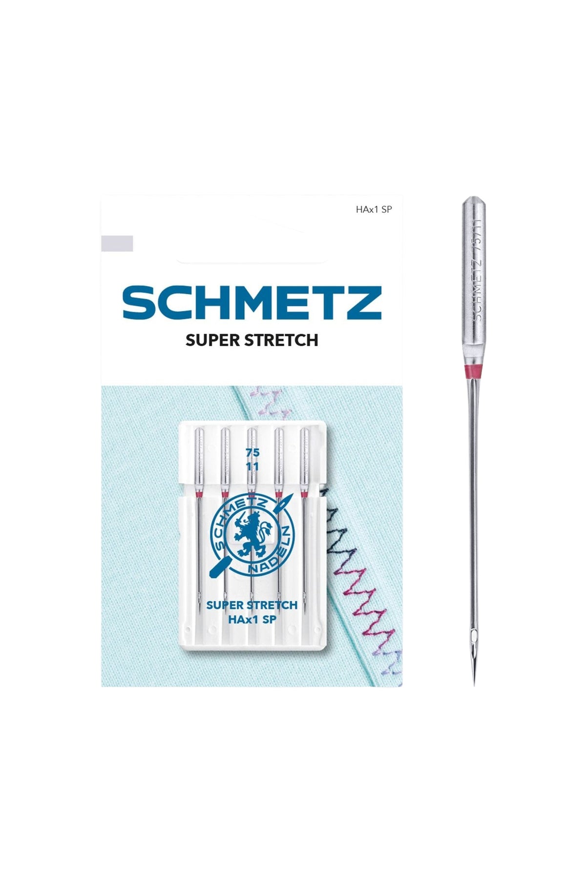 Schmetz Super Stretch-Nadel Stärke 75 / System HAx1 SP in vollständiger Frontansicht der Verpackung mit freigestellter Euroloch-Aussparung