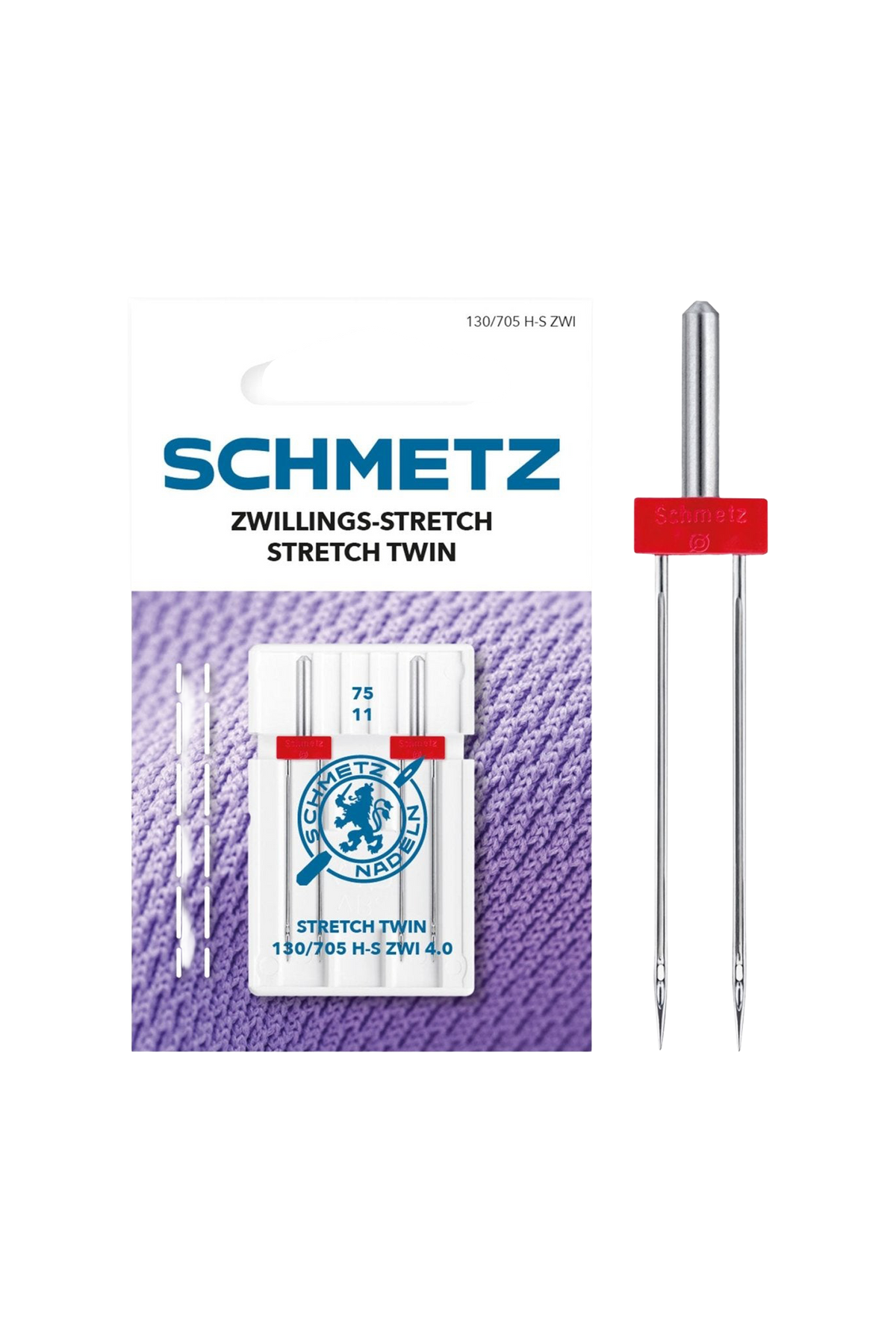 Schmetz Zwillings-Stretch-Nadel 75 – 4,0 mm in vollständiger Frontansicht der Verpackung mit freigestellter Euroloch-Aussparung