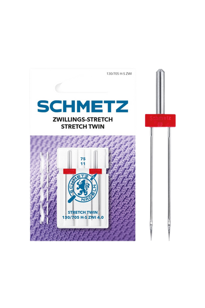 Schmetz Zwillings-Stretch-Nadel 75 – 4,0 mm in vollständiger Frontansicht der Verpackung mit freigestellter Euroloch-Aussparung