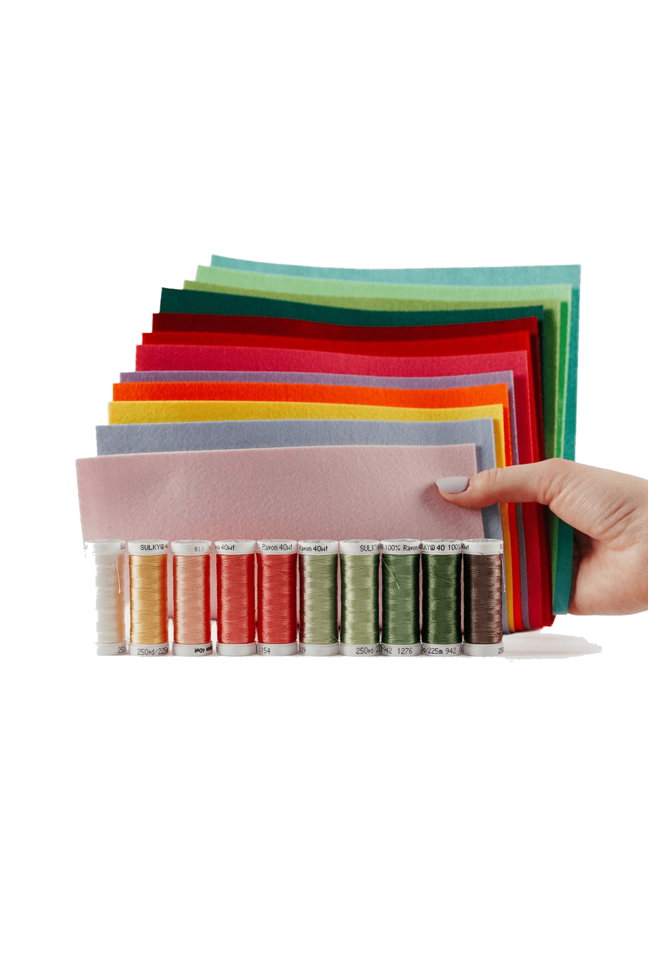 Set: 12 Bögen Stickfilz + 10 Stickgarn (Rayon 40, Snap) in Produktansicht