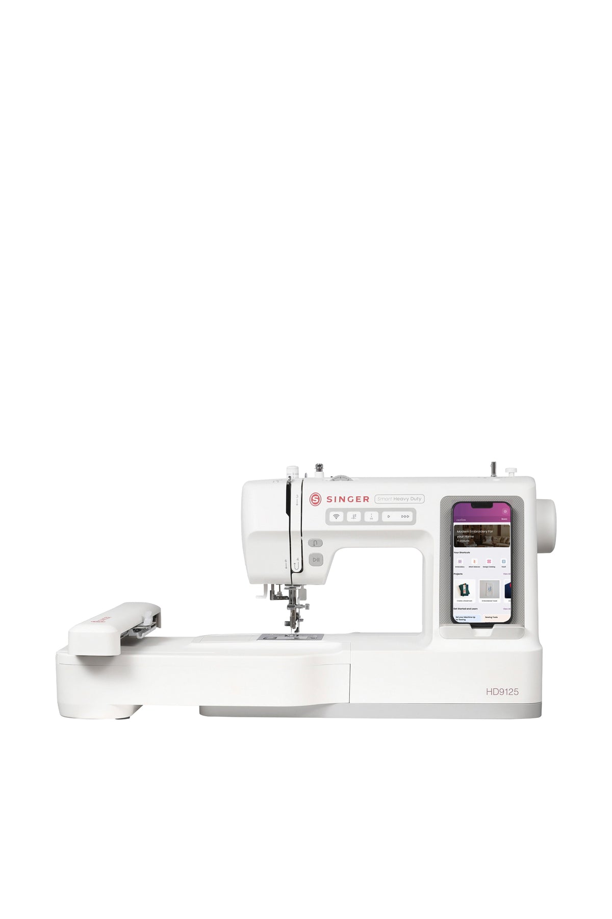 SINGER® Smart Heavy Duty™ 9125 Näh- & Stickmaschine inkl. 905E Stickeinheit in gerader Frontansicht, freigestellt ohne Bodenschatten