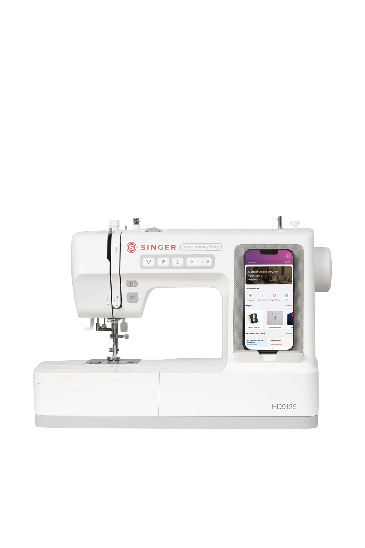 SINGER® Smart Heavy Duty™ 9125 Nähmaschine in gerader Frontansicht, freigestellt ohne Bodenschatten