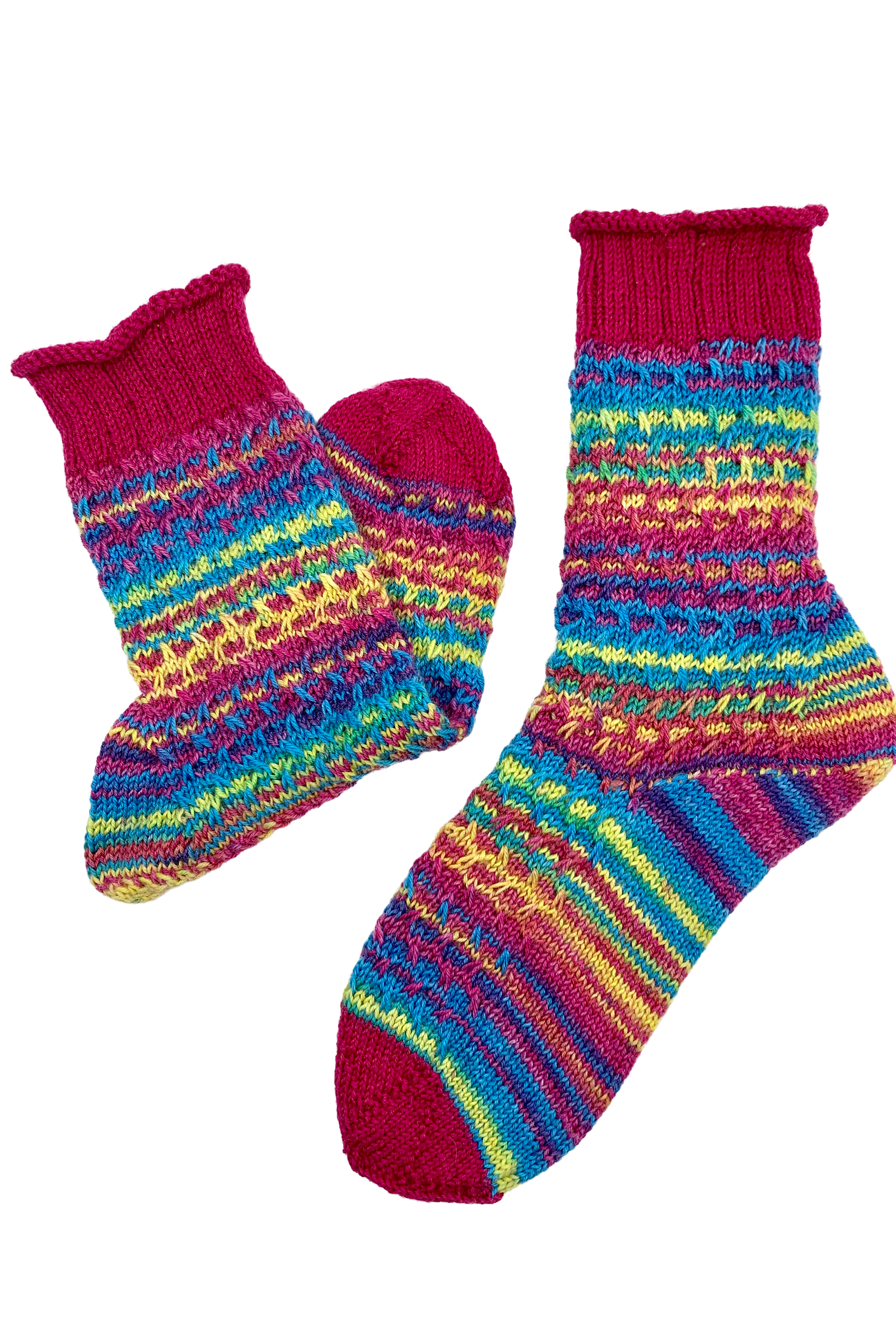 Colourful 15-Years-Socks in gradient yarn with rolled edge and slip-stitch pattern