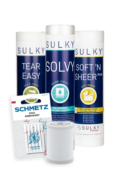 Startklar Maschinensticken mit drei SULKY Stickvliesen, Bobbin-Unterfaden und SCHMETZ Sticknadeln