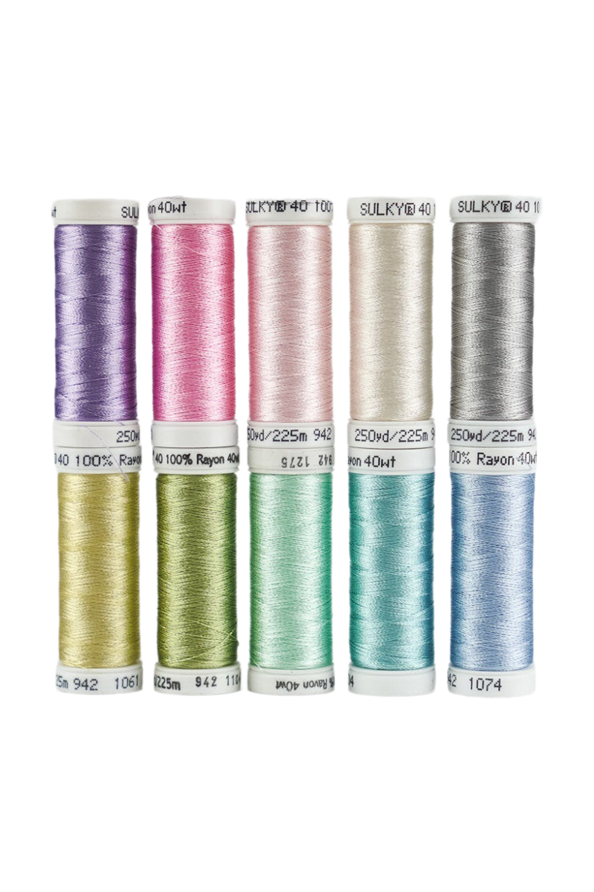 Tien SULKY Rayon 40 Snap-spoeltjes uit de BLOSSOM-set in pastelkleuren