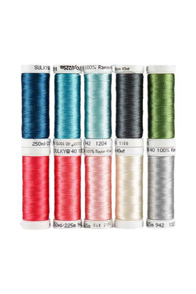 Dix bobines SULKY Rayon 40 Snap de la collection HAPPINESS dans des tons de bleu, vert, rouge, rose et argent