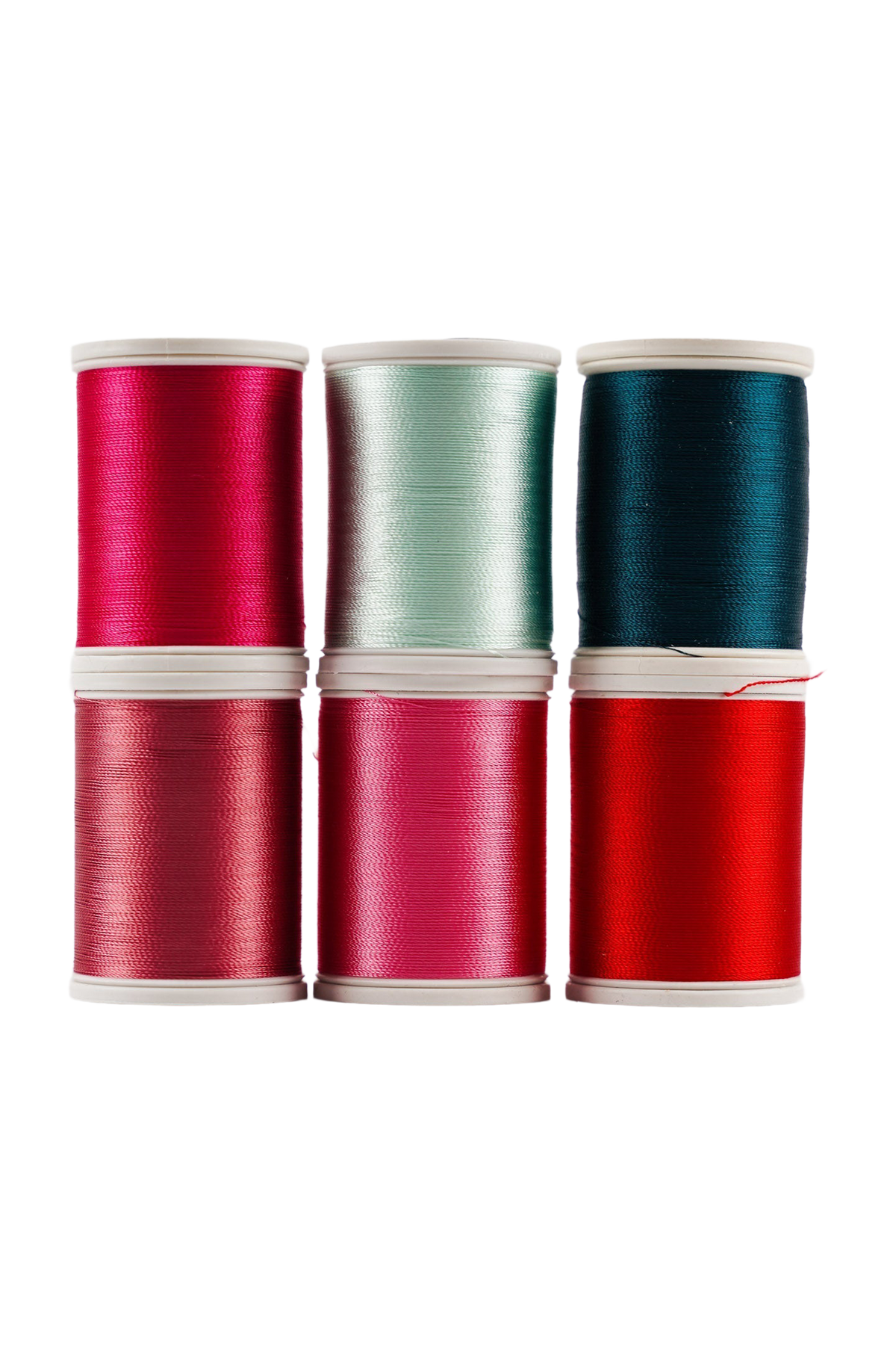 Six bobines de fil SULKY Rayon 40 de la collection VALENTINE, en rouge, rose et turquoise