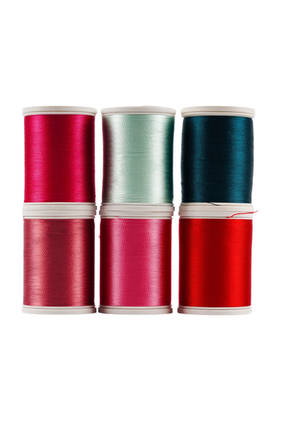 Six bobines de fil SULKY Rayon 40 de la collection VALENTINE, en rouge, rose et turquoise
