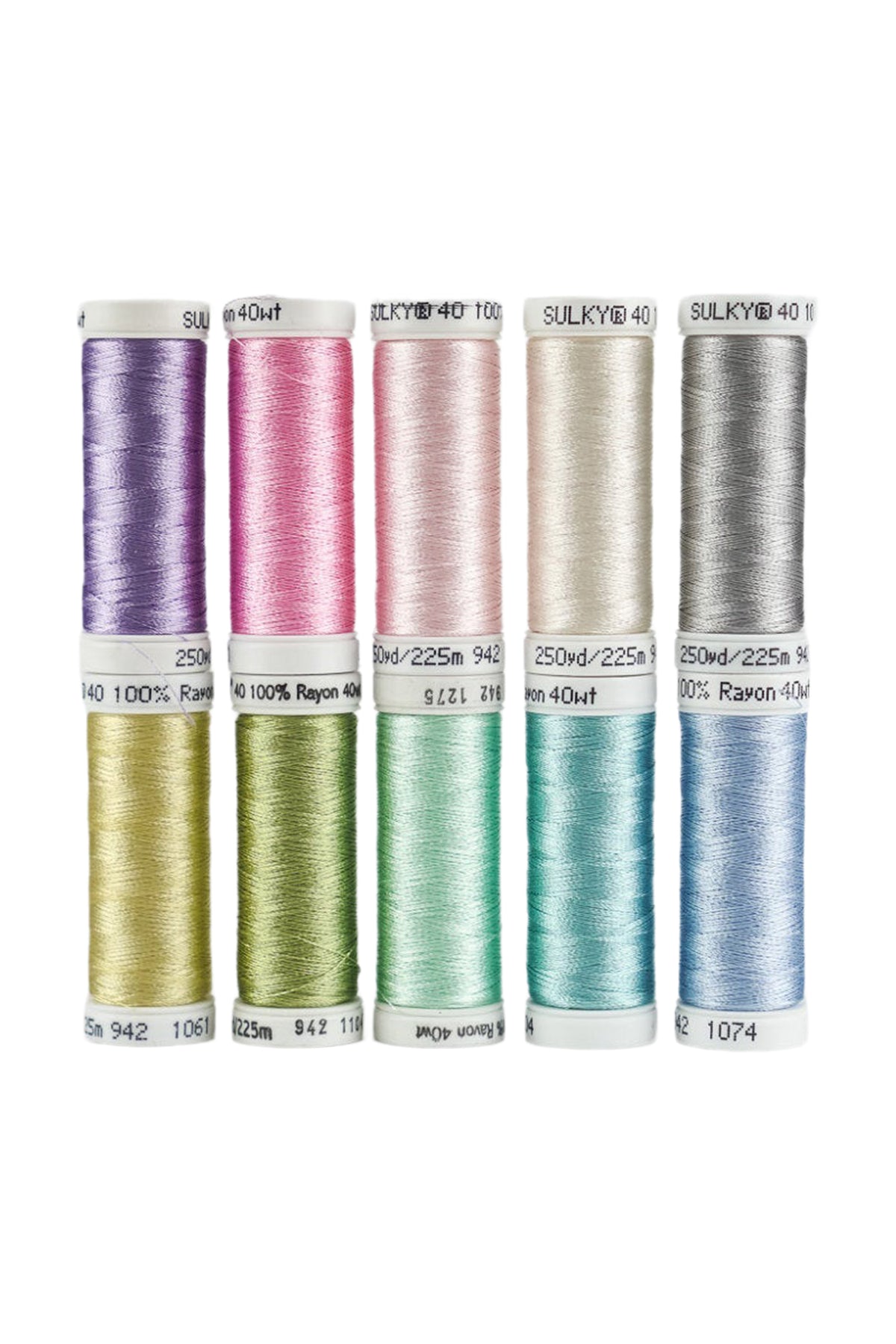 Ten SULKY Rayon 40 snap spools from the BLOSSOM set in pastel colors