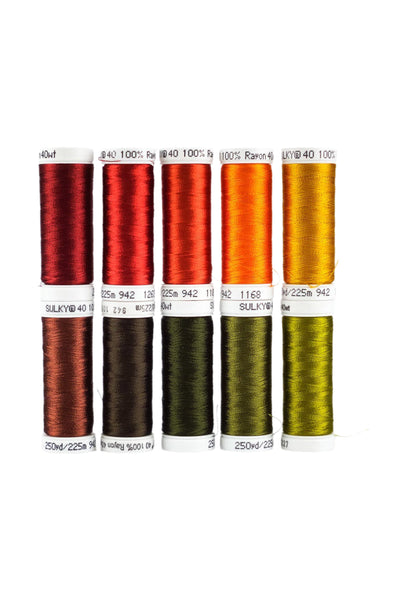 Ten SULKY Rayon 40 snap spools from the BOHO set in warm shades of red, orange, brown, and green