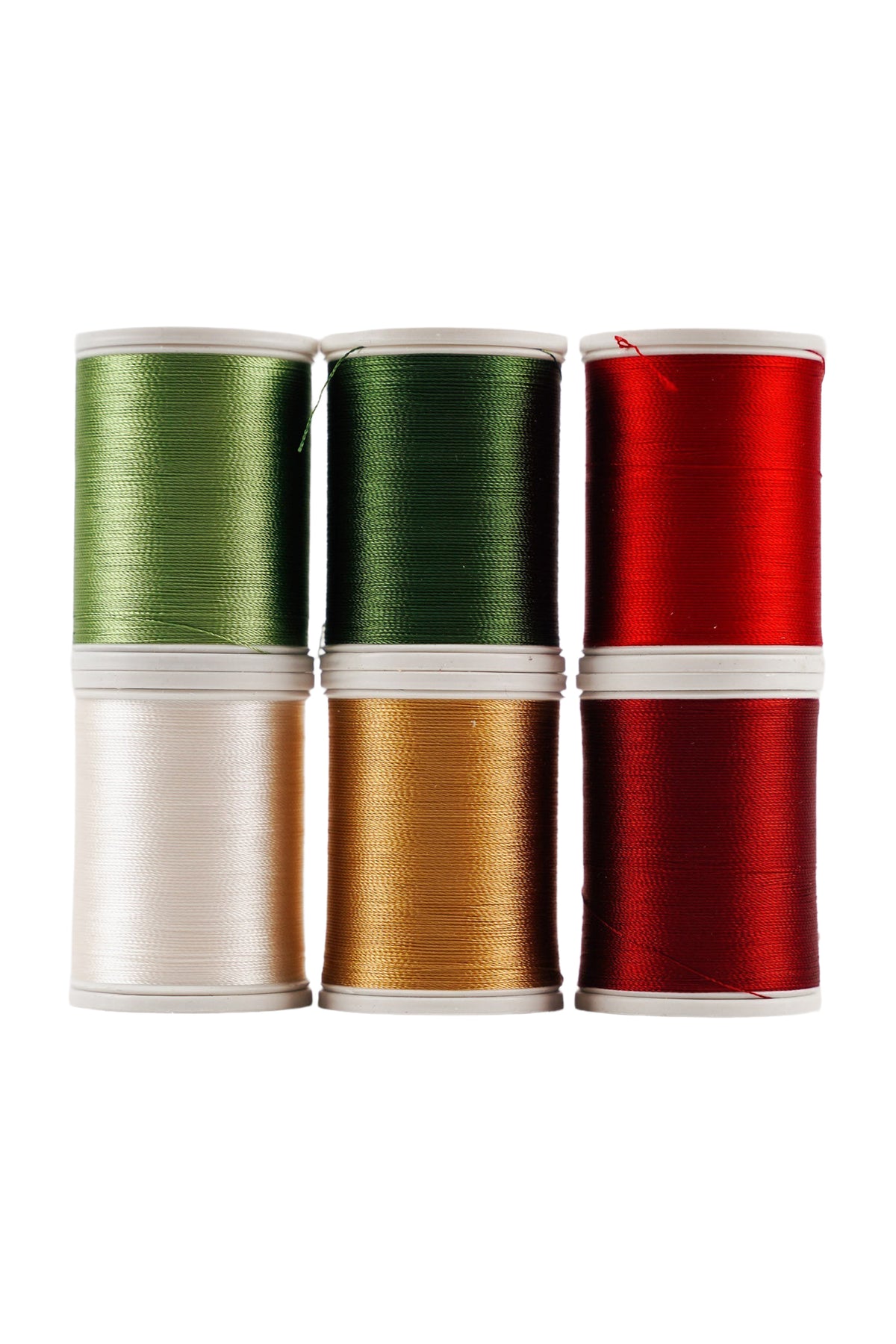 Six SULKY Rayon 40 spools from the CHRISTMAS set in green, red, white, and gold