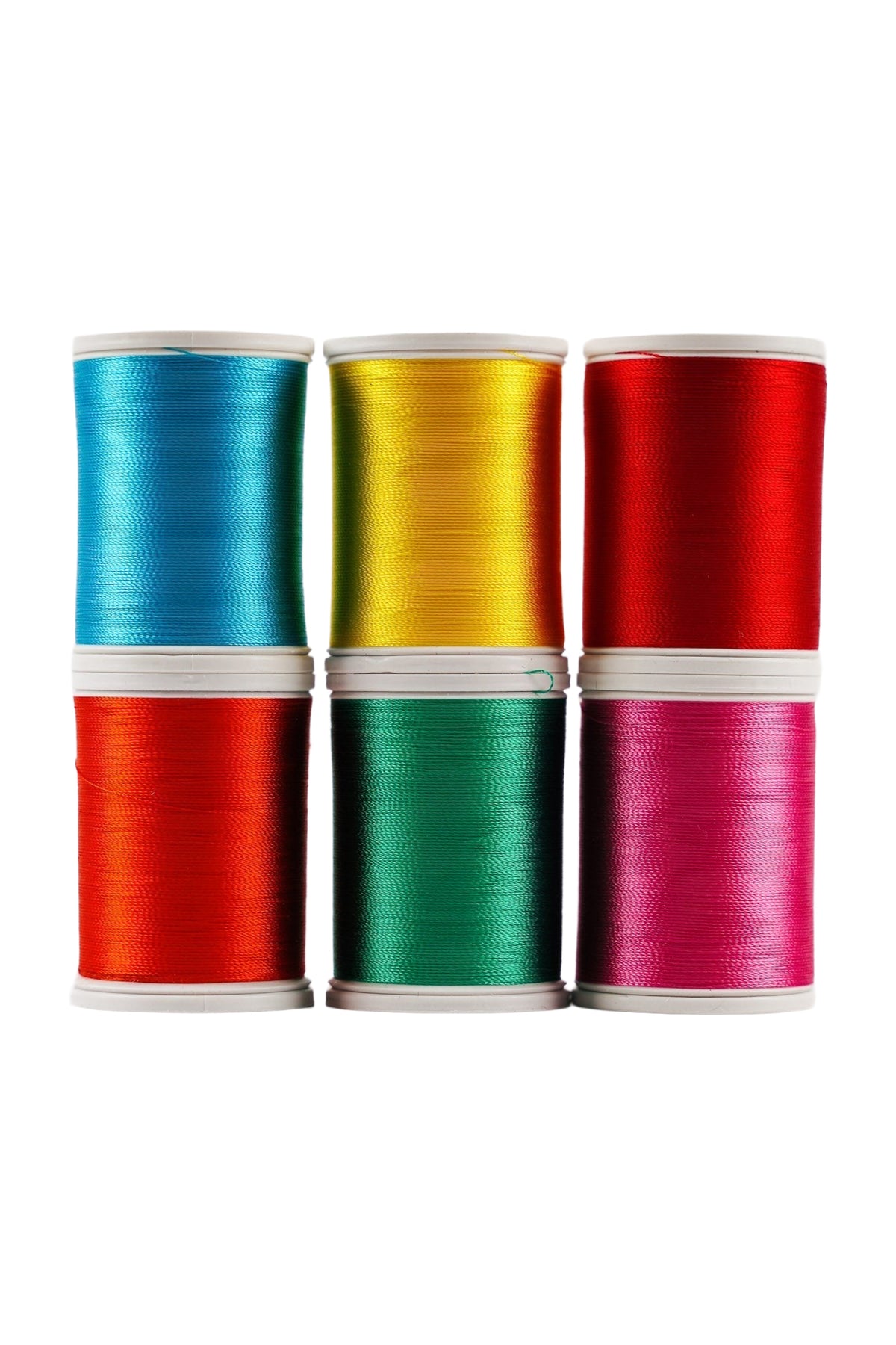 Six SULKY Rayon 40 spools from the COLOR POP set in turquoise, yellow, red, orange, green, and pink