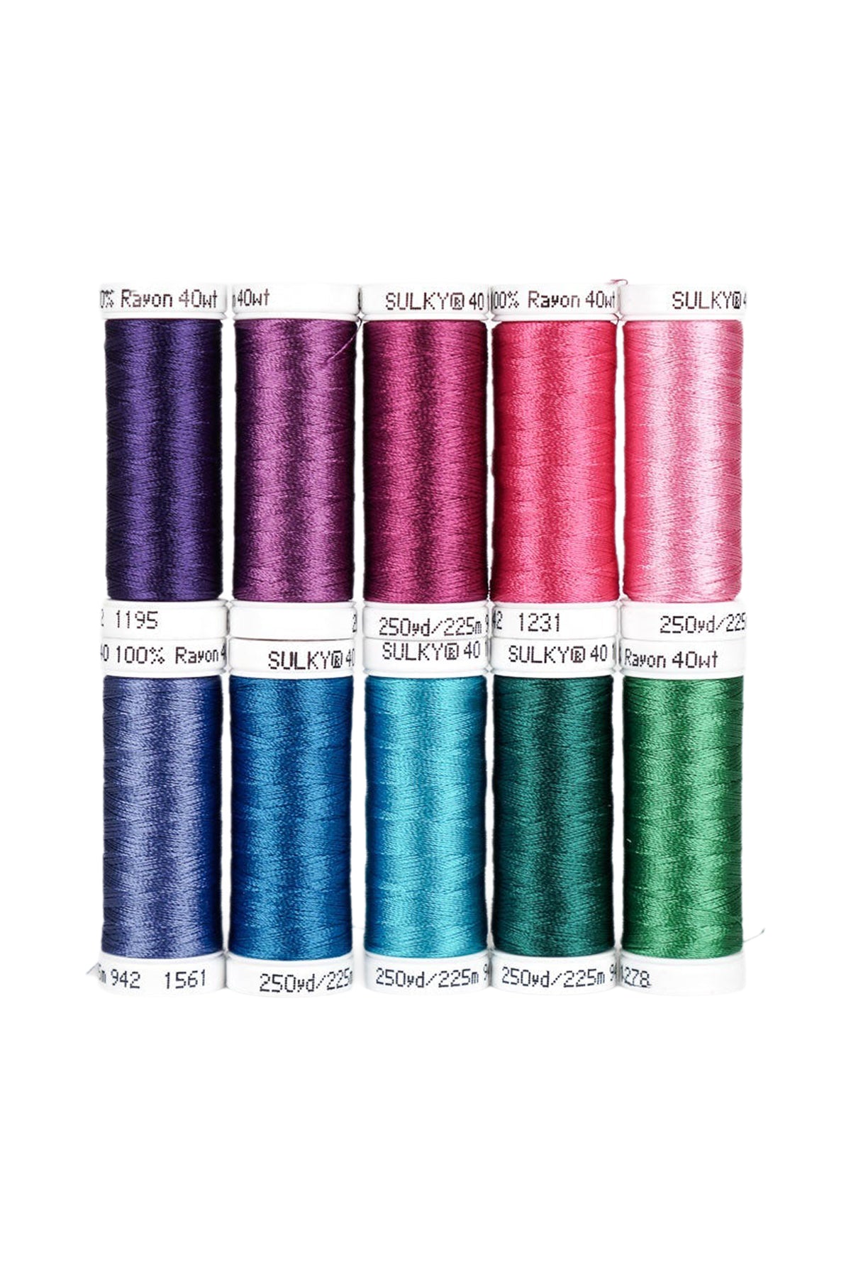 Zehn SULKY Rayon 40 Snap-Spulen des Sets MERMAID in Violett-, Pink-, Blau- und Grüntönen