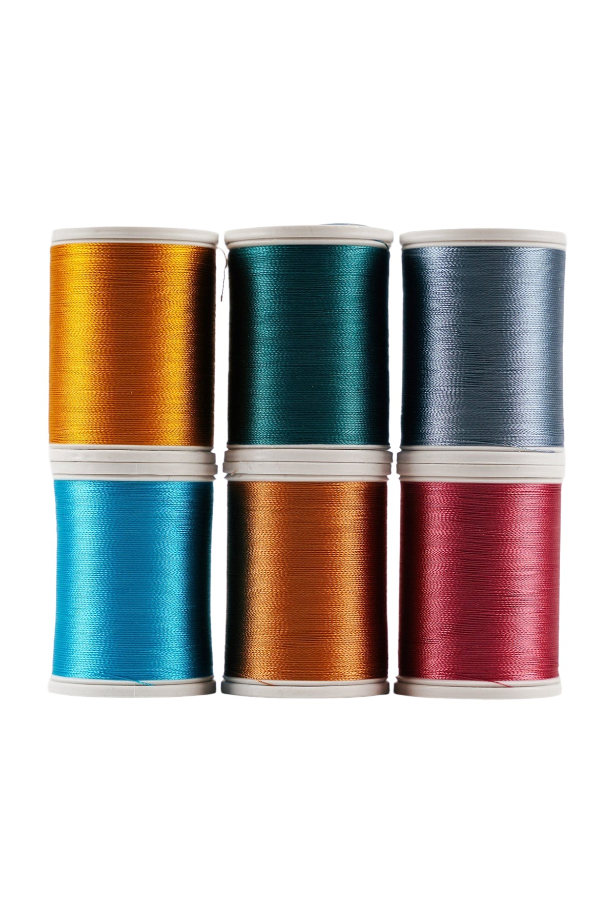 Six SULKY Rayon 40 spools from the MODERN COLOR set in turquoise, gold, gray, and pink