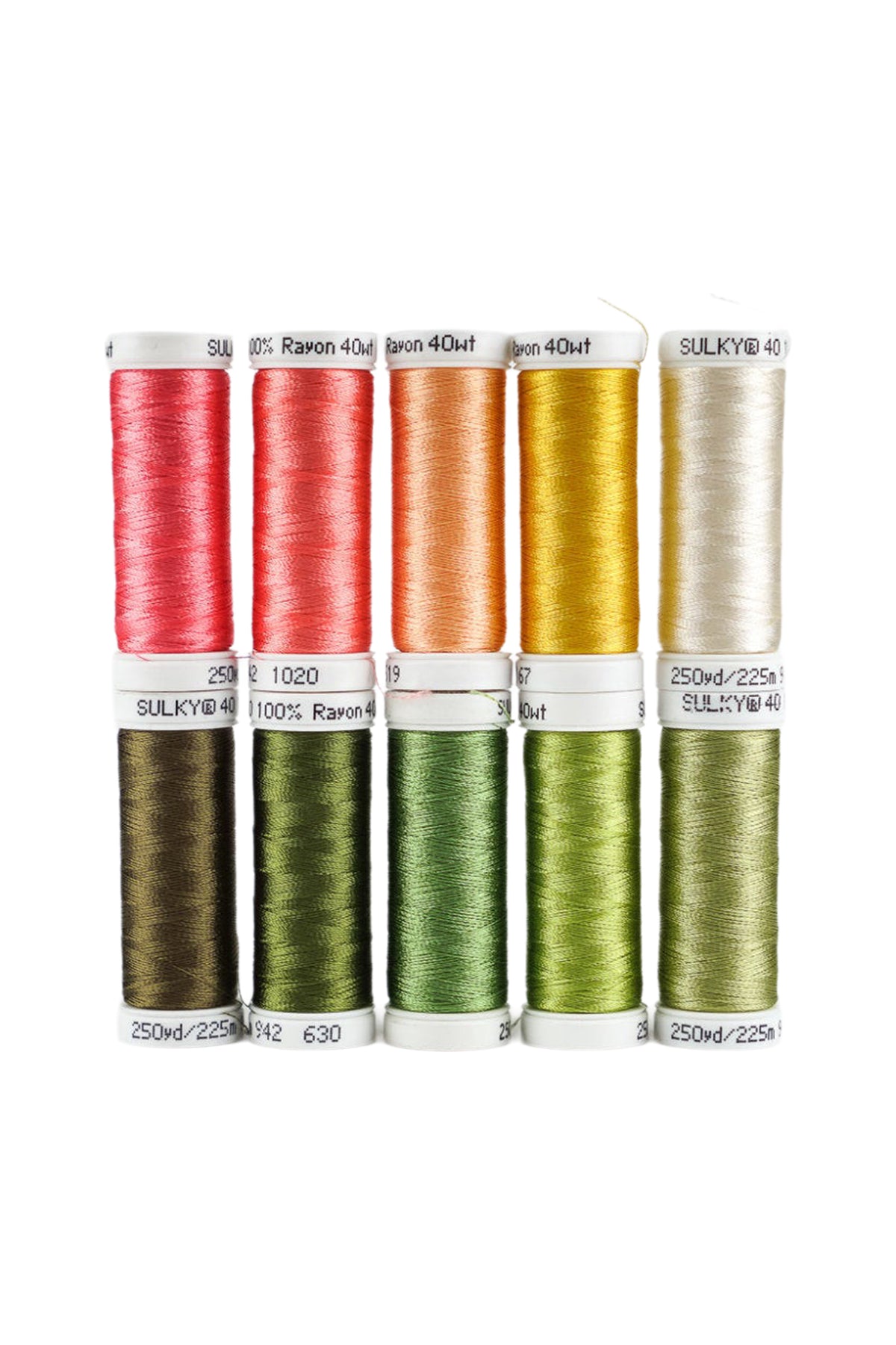Ten SULKY Rayon 40 snap spools from the SPRINGTIME set in coral, orange, gold, and green