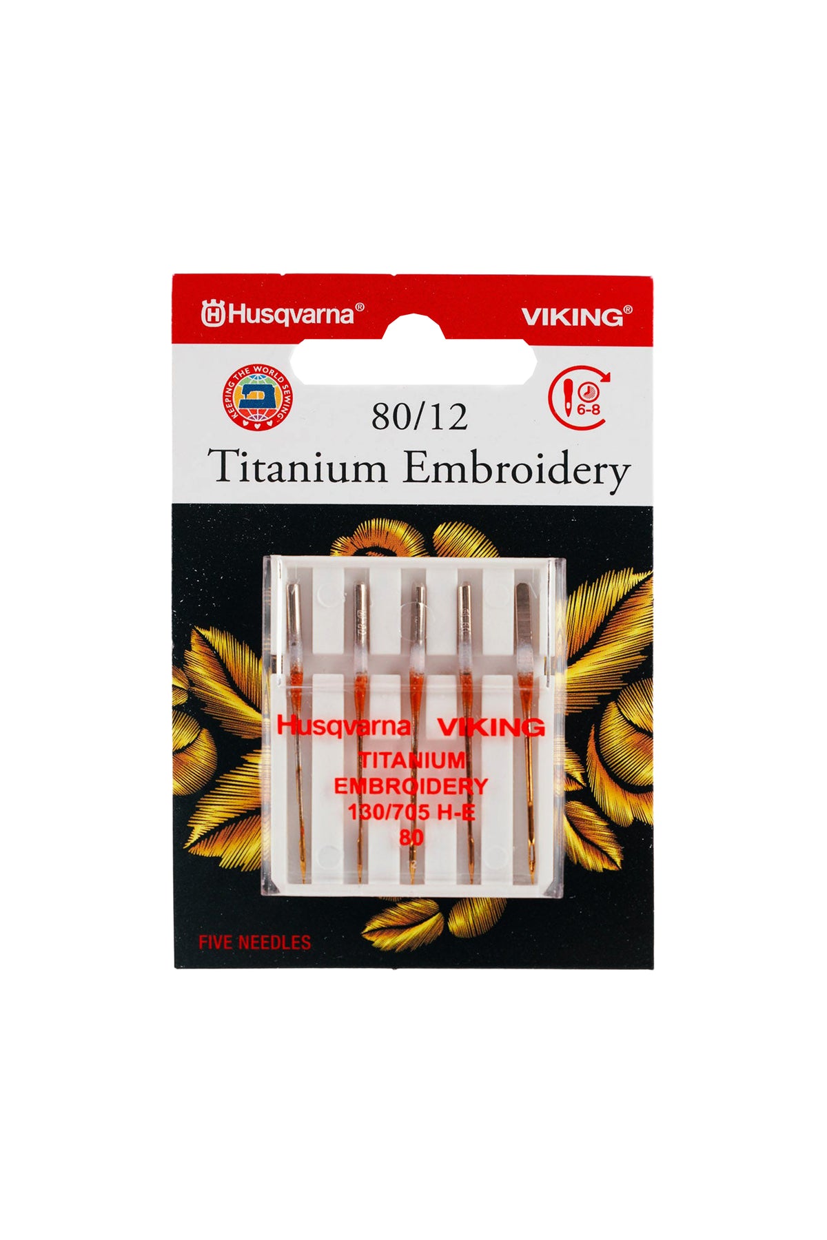 Husqvarna VIKING Titanium Sticknadeln in vollständiger Produktansicht, aufgehellt und sauber freigestellt mit transparenter Euroloch-Aussparung