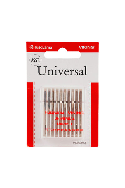 Husqvarna VIKING Universal needles in a full product view, brightened and cleanly cropped with a transparent Euro-hole cutout